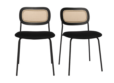 Chaises design en velours noir, m&eacute;tal noir et cannage rotin (lot de 2) MIRANDA