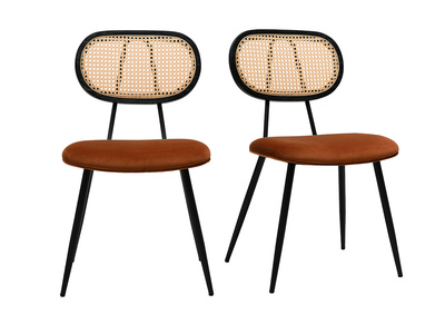 Chaises design en velours terre br&ucirc;l&eacute;e, m&eacute;tal noir et cannage rotin (lot de 2) SWANN