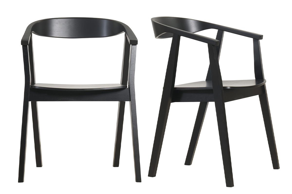 Deux chaises BAHIA en bois noir avec dossier circulaire, vue de face et de profil.