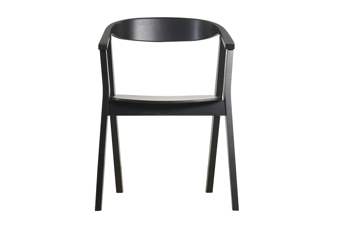 Chaise noire BAHIA en bois, vue de face, design r�tro avec accoudoirs circulaires.
