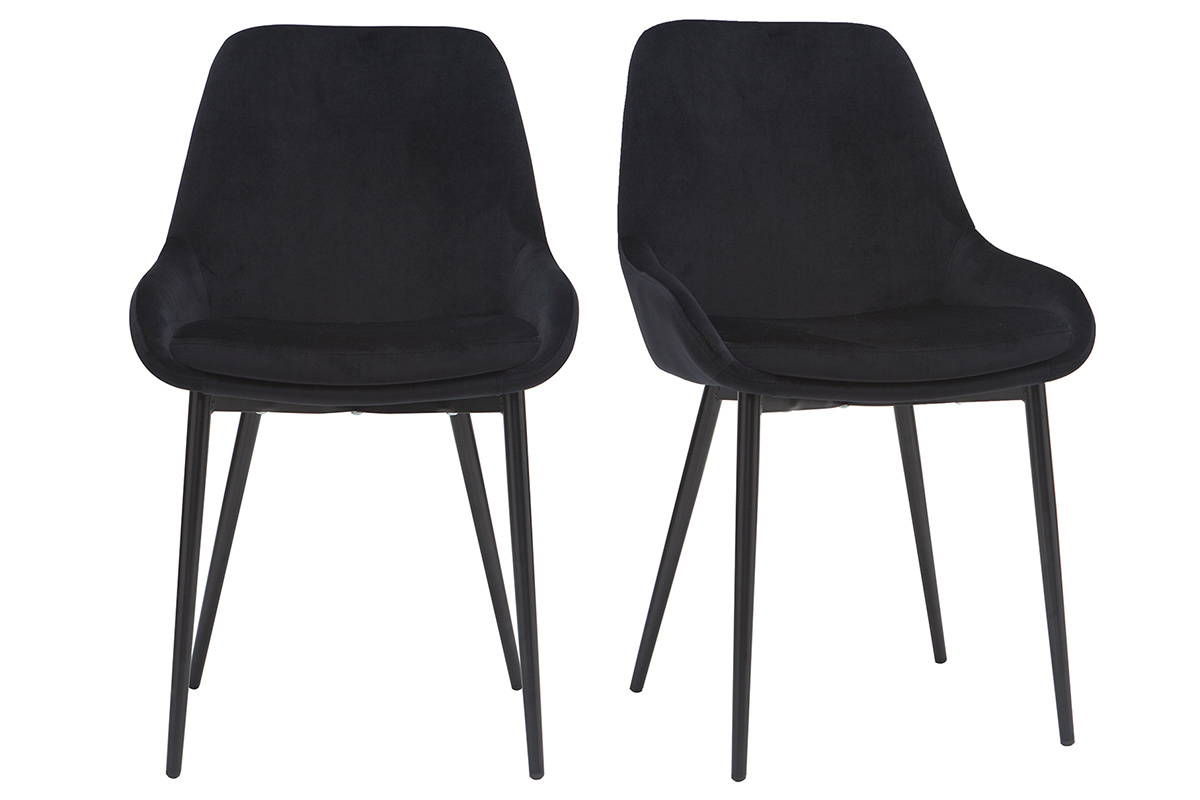 Deux chaises noires en velours et m�tal, vues de face, design �l�gant.