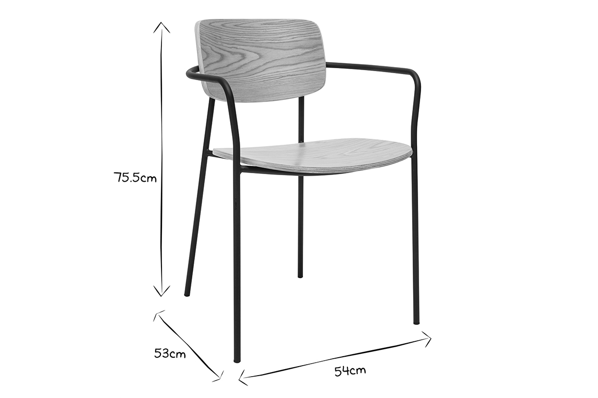 Chaise SUSAN en bois clair et m�tal noir avec dimensions : 75,5 cm x 54 cm x 53 cm, vue de trois quarts.