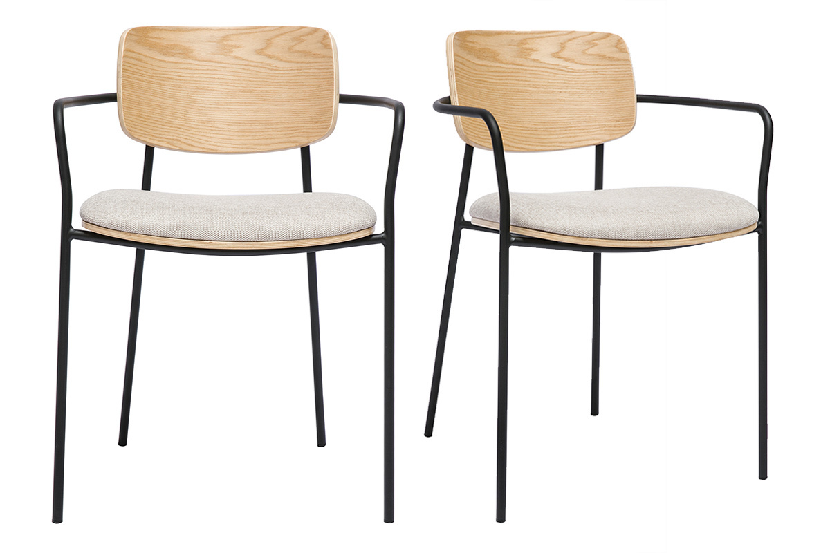 Chaises en bois clair ch�ne, tissu effet velours textur� beige et m�tal noir (lot de 2) SUSAN