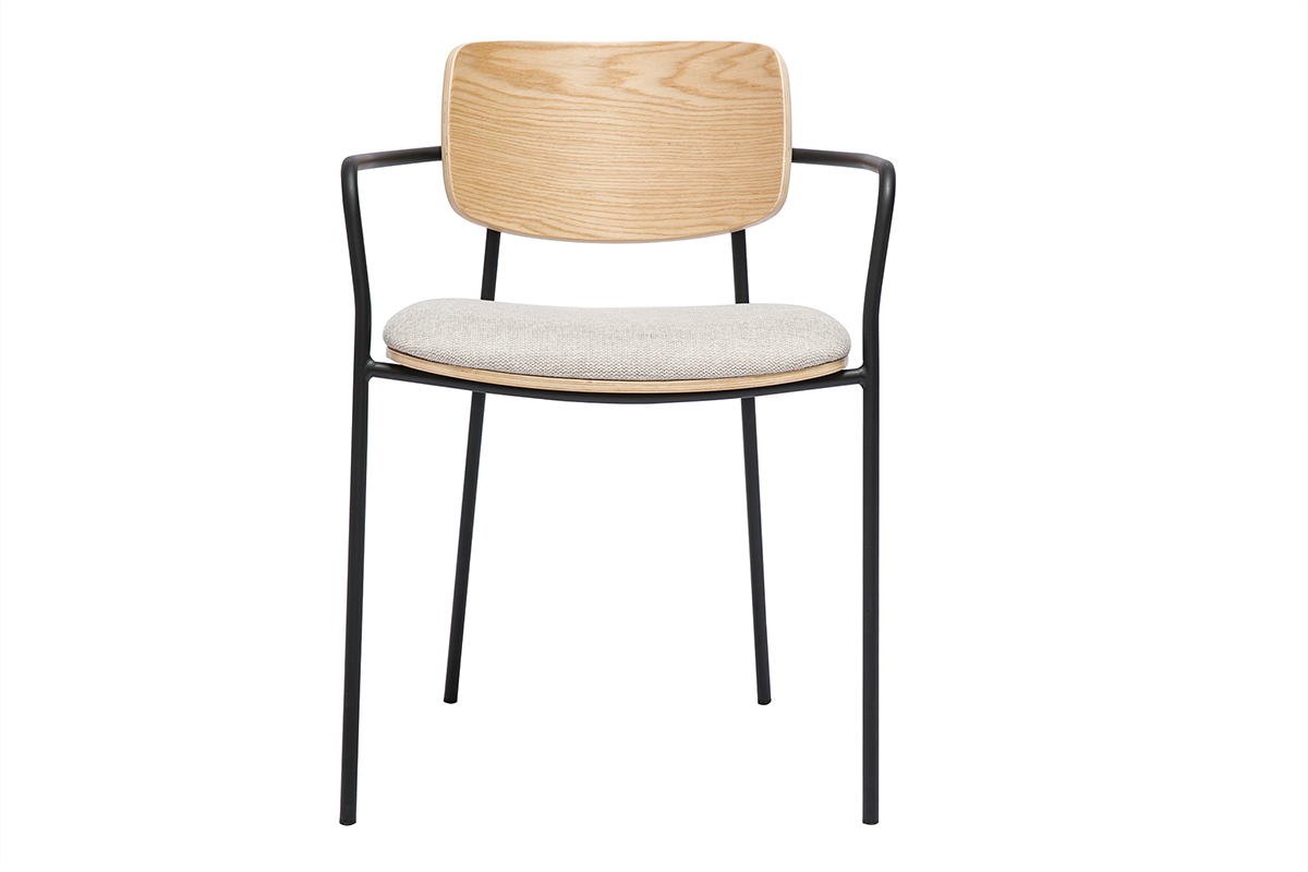 Chaises en bois clair ch�ne, tissu effet velours textur� beige et m�tal noir (lot de 2) SUSAN