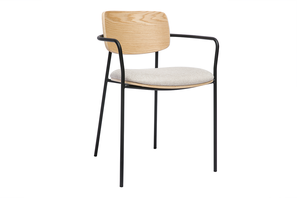 Chaises en bois clair ch�ne, tissu effet velours textur� beige et m�tal noir (lot de 2) SUSAN