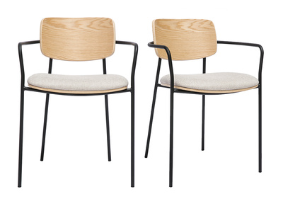 Chaises en bois clair ch&ecirc;ne, tissu effet velours textur&eacute; beige et m&eacute;tal noir (lot de 2) SUSAN