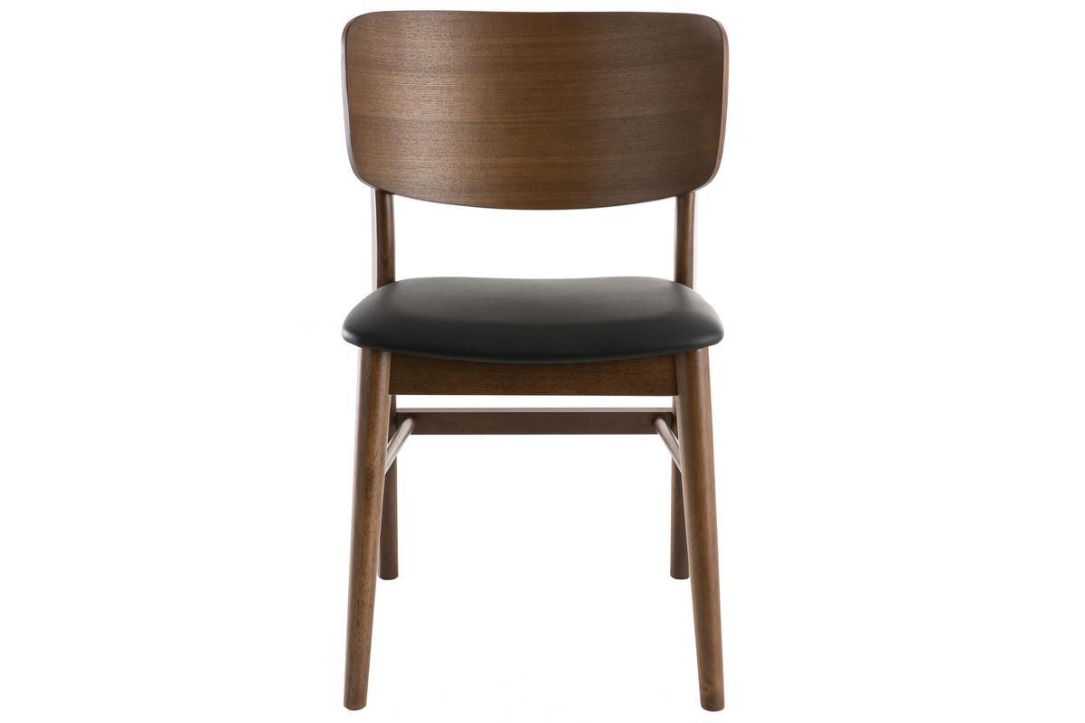 Chaise en bois fonc� et noir, vue de face, avec dossier arrondi et pi�tement en h�v�a.