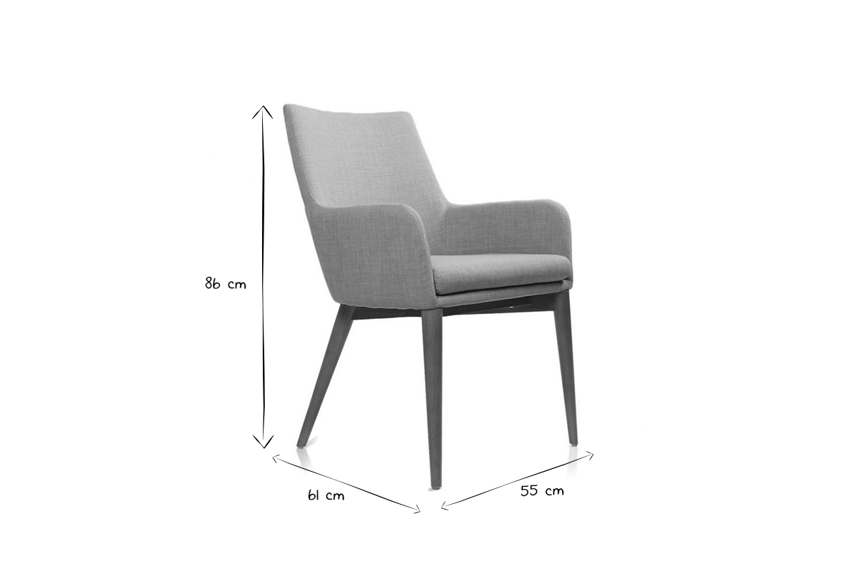 Chaise en tissu beige et bois fonc�, dimensions: hauteur 86 cm, largeur 61 cm, profondeur 55 cm, noir et blanc.