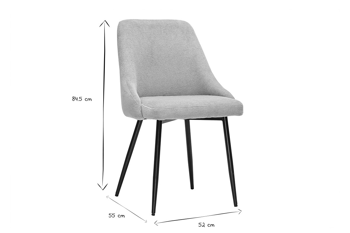 Chaise en tissu textur� noir et blanc, dimensions visibles : 84,5 cm hauteur, 55 cm profondeur, 52 cm largeur.