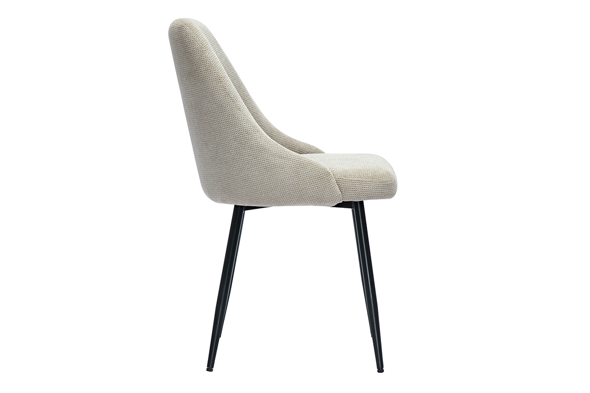 Chaise en tissu beige effet velours, vue de c�t�, pied en m�tal noir.