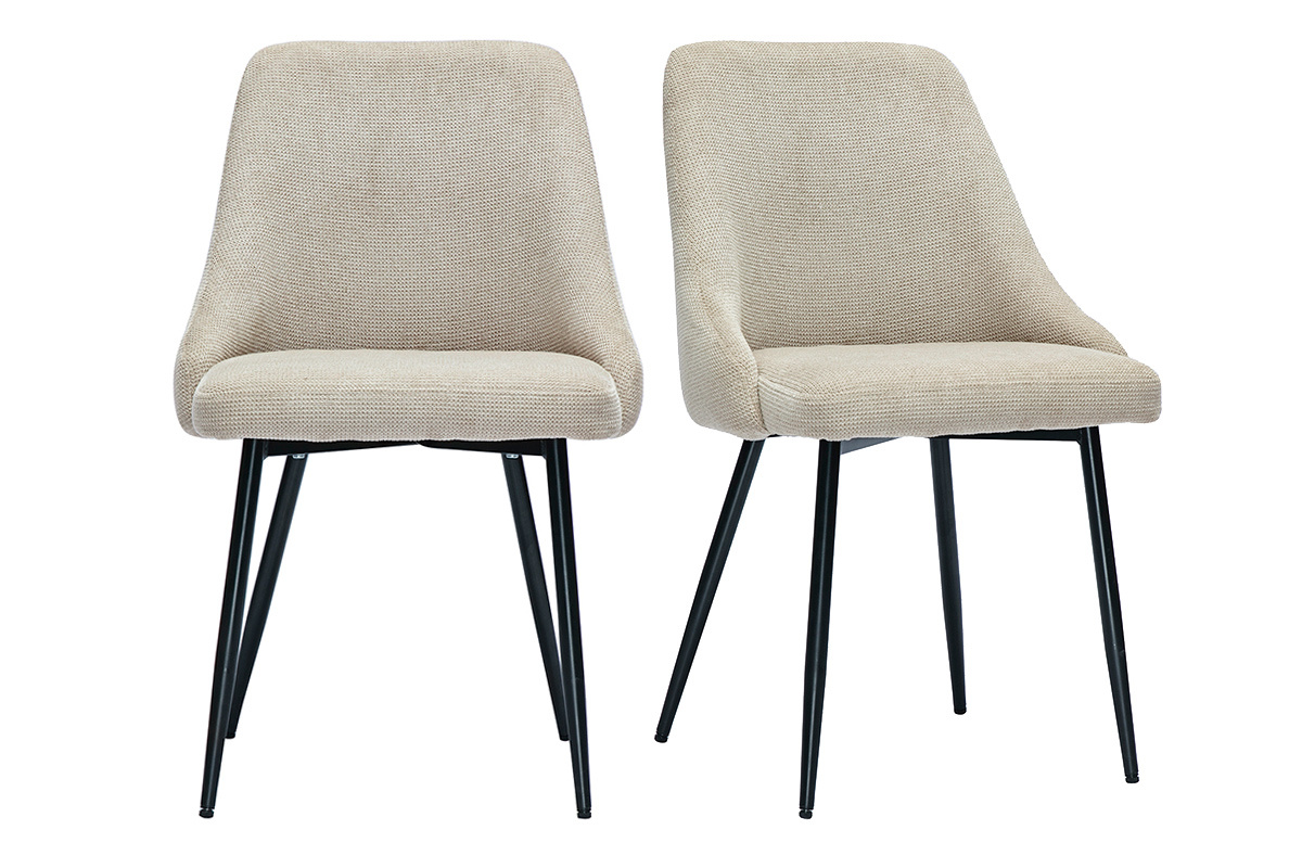 Deux chaises en tissu beige effet velours avec pieds en m�tal noir, vue de face.