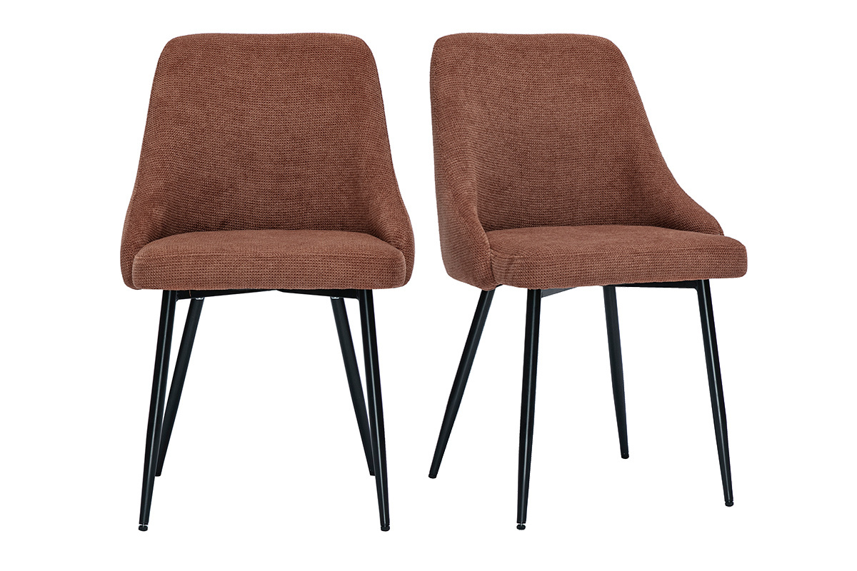Deux chaises en tissu chenille terre br�l�e et m�tal noir, vues de face.