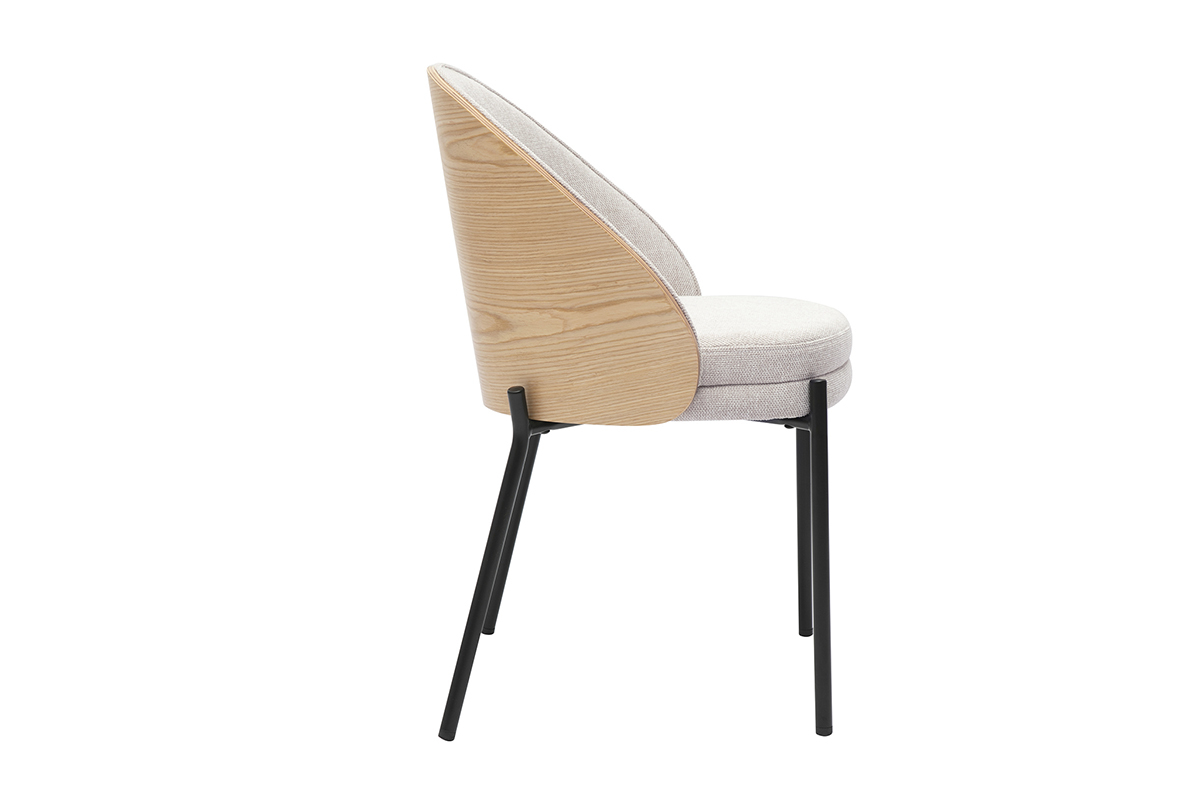 Chaise beige en tissu velours, vue de profil, dossier bois clair, pieds m�tal noir.