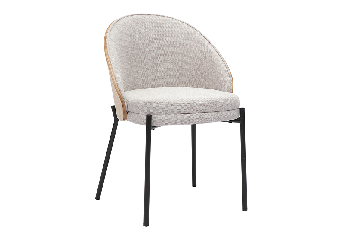 Chaise beige effet velours, bois clair et m�tal, vue 3/4.