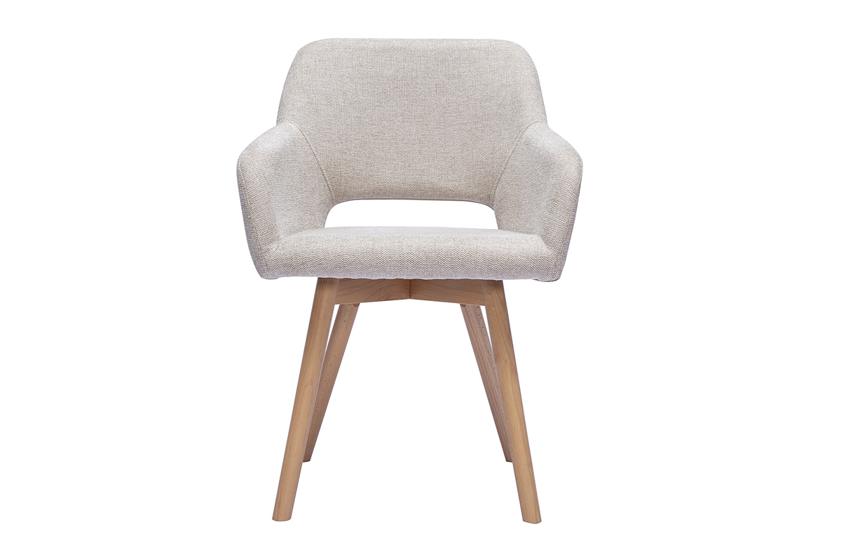 Chaise en tissu beige avec accoudoirs et pieds en bois clair, vue de face