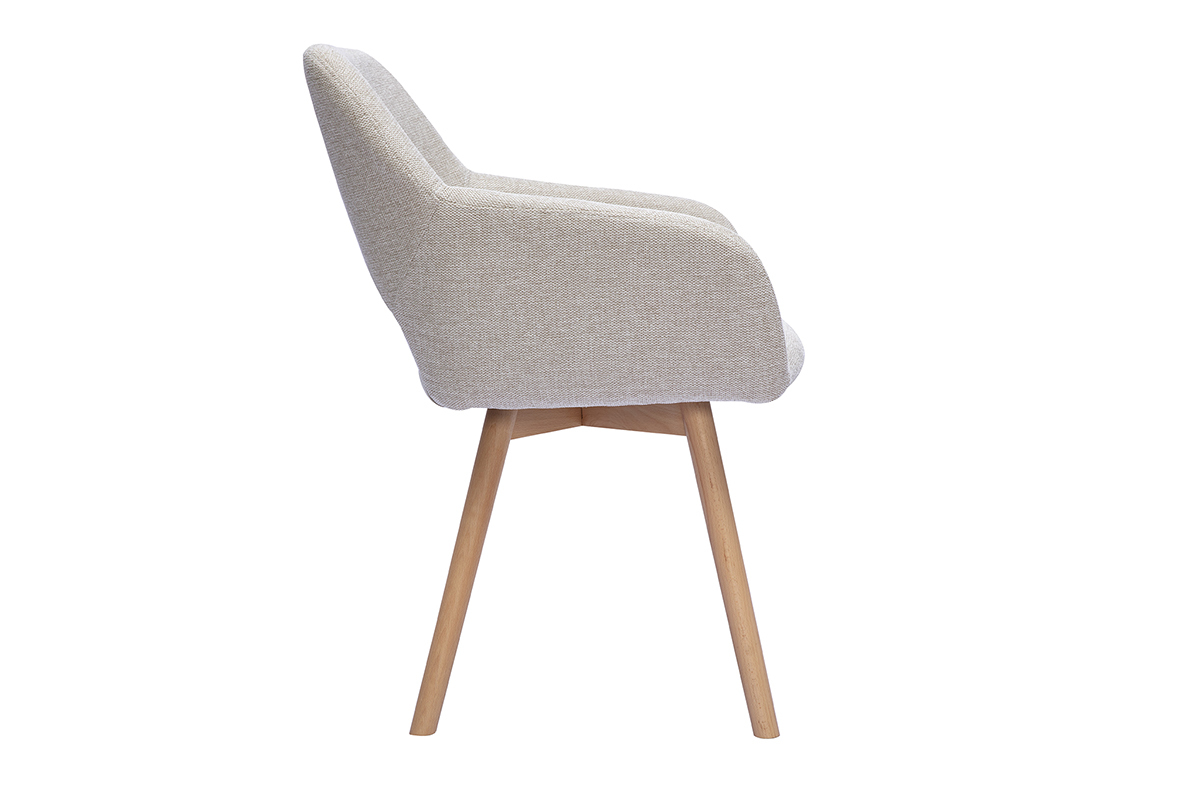 Chaise en tissu effet velours textur� beige avec accoudoirs, vue de profil sur pieds en bois clair.