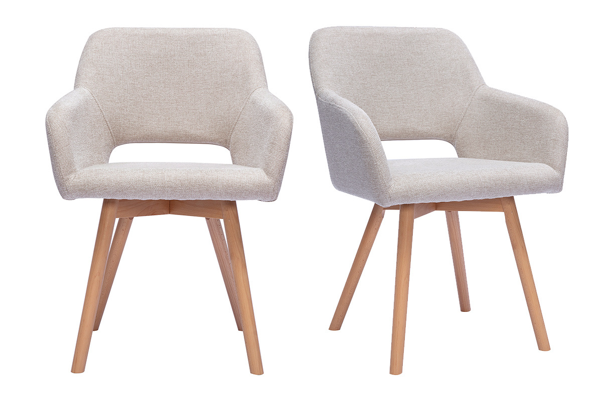 Lot de 2 chaises en tissu effet velours textur� beige et bois clair, vue de face.