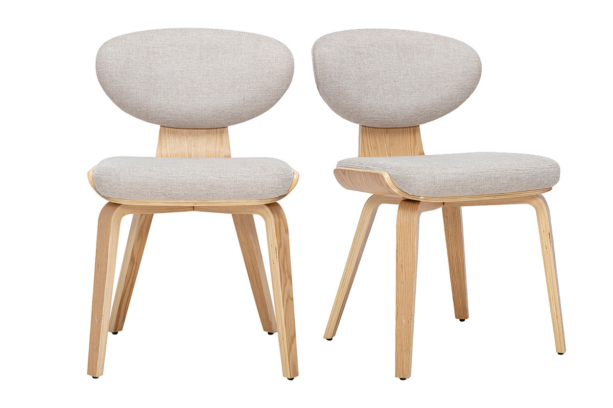 Lot de 2 chaises en tissu beige textur� et bois clair, vue de face