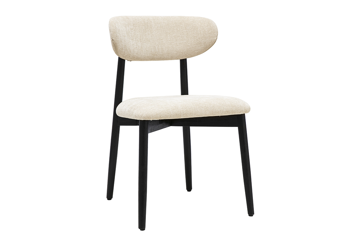 Chaise beige en tissu effet velours textur� avec structure en bois noir, vue de 3/4