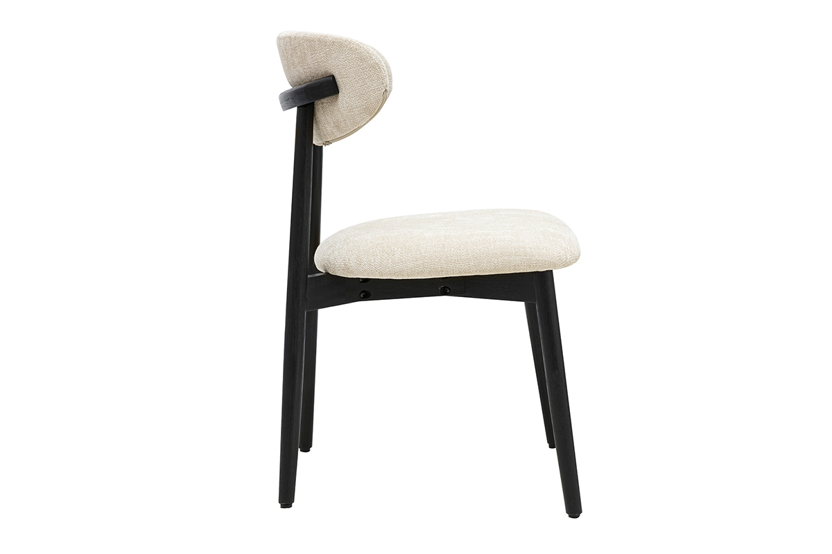 Chaise SIAME en tissu beige avec dossier courb�, vue de profil sur pieds en bois noir.