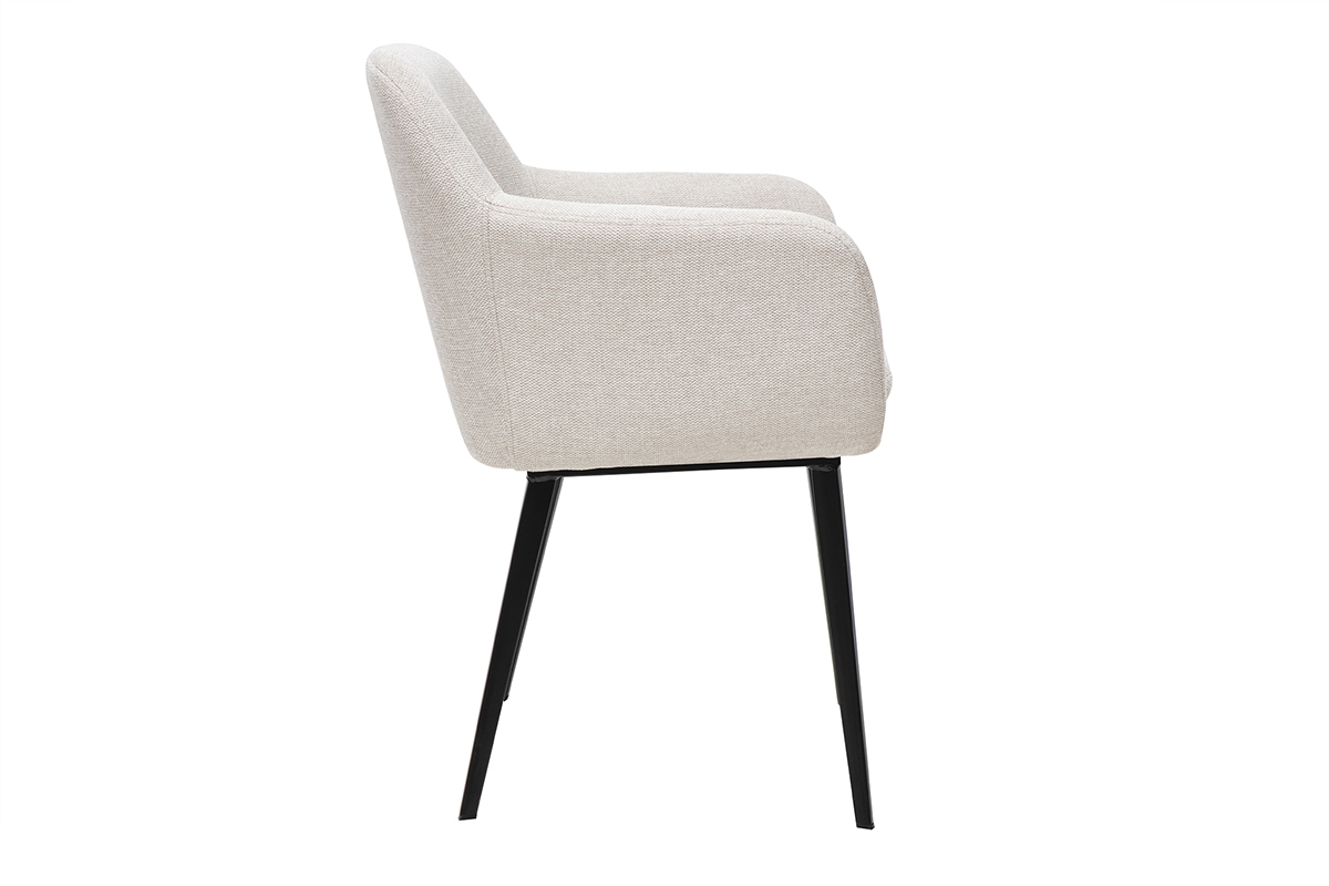 Chaise AMIKA beige en velours textur�, vue lat�rale, pieds en m�tal noir.