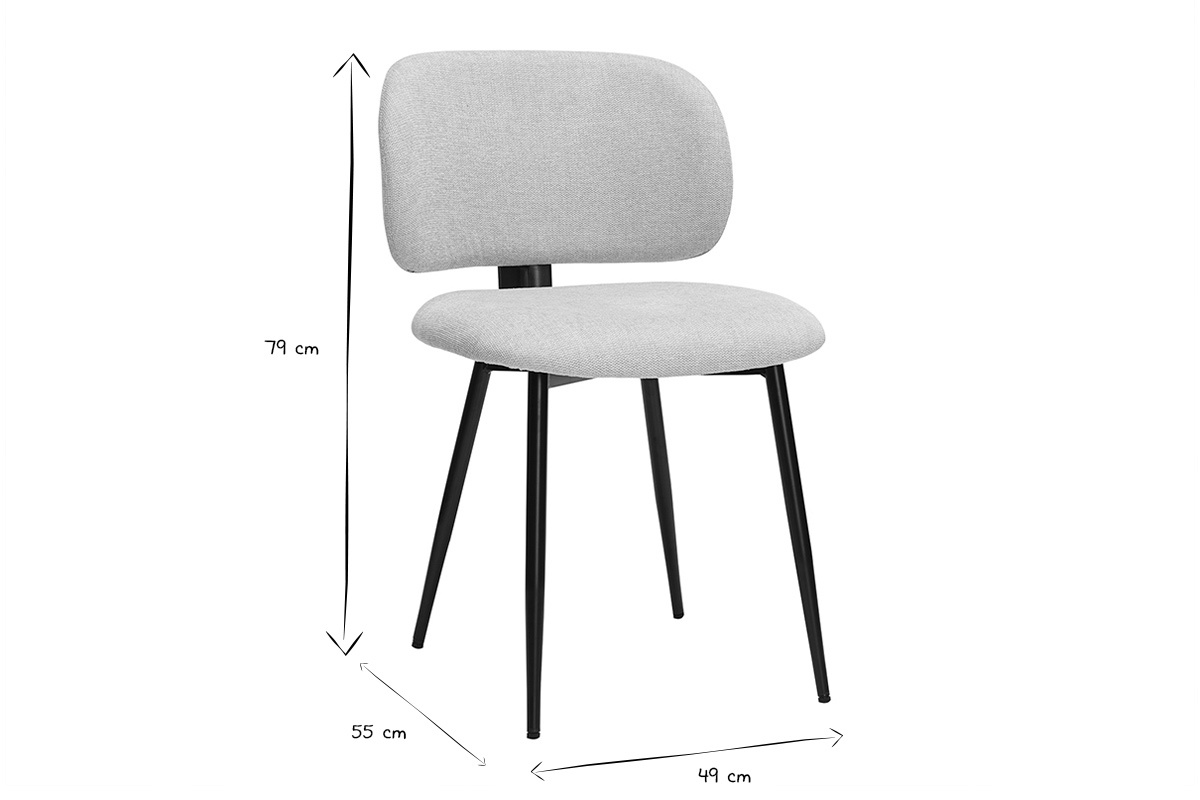 Dimensions d'une chaise en tissu effet velours beige avec pieds noirs, 79x55x49 cm, vue de profil.