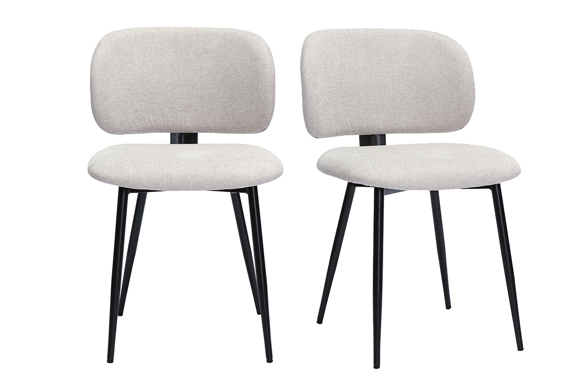 Deux chaises en tissu beige effet velours avec pieds en m�tal noir, vue de face.