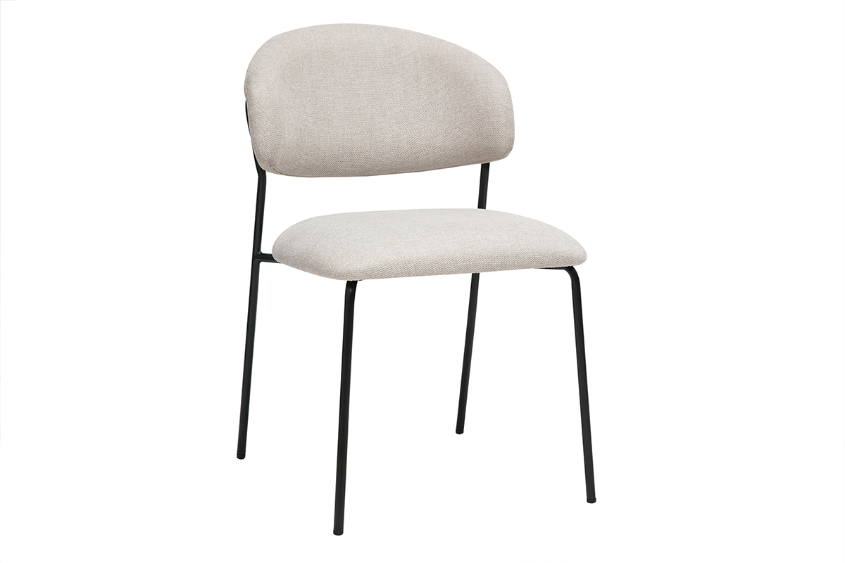 Chaise en tissu beige textur� et m�tal noir, vue de 3/4.
