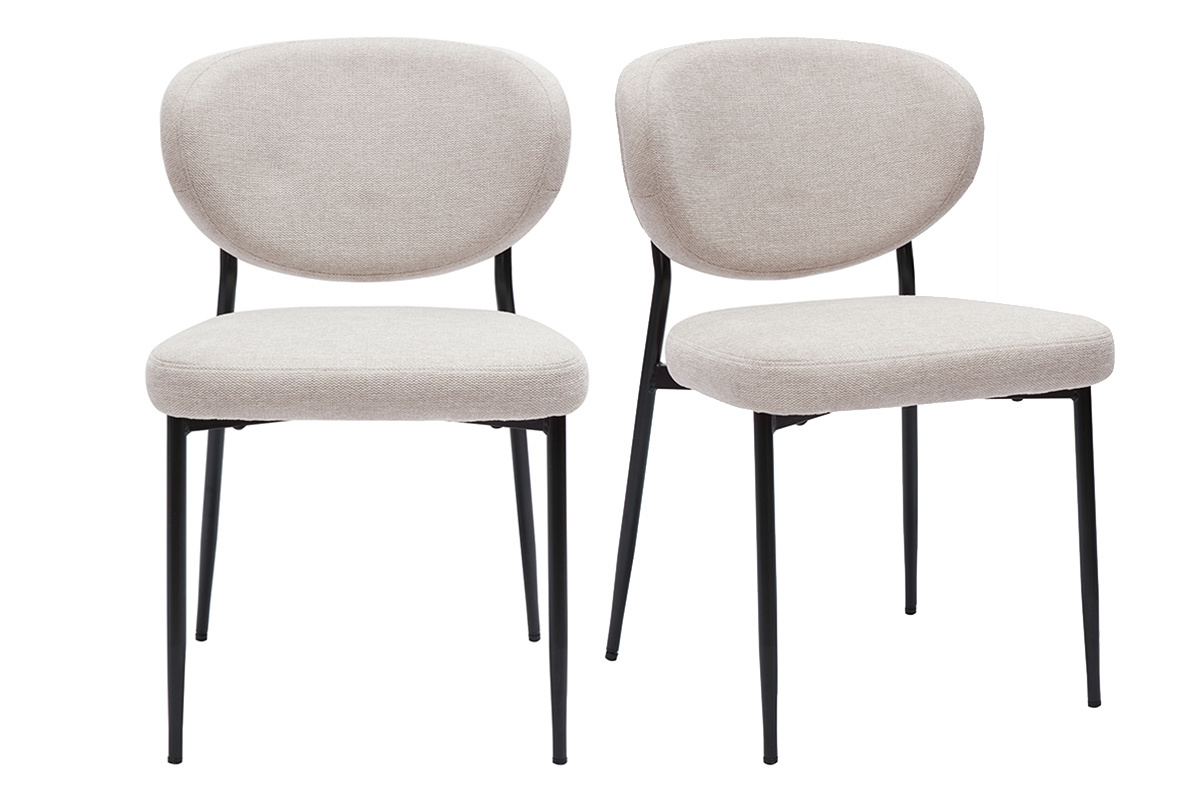 Deux chaises en tissu beige et m�tal noir, vue de face.