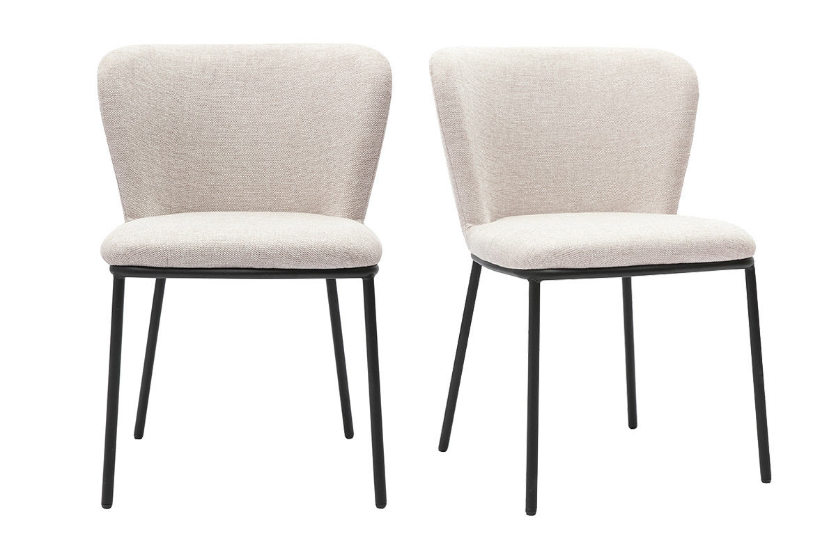 Lot de 2 chaises en tissu effet velours textur� beige et m�tal noir, vue de face.