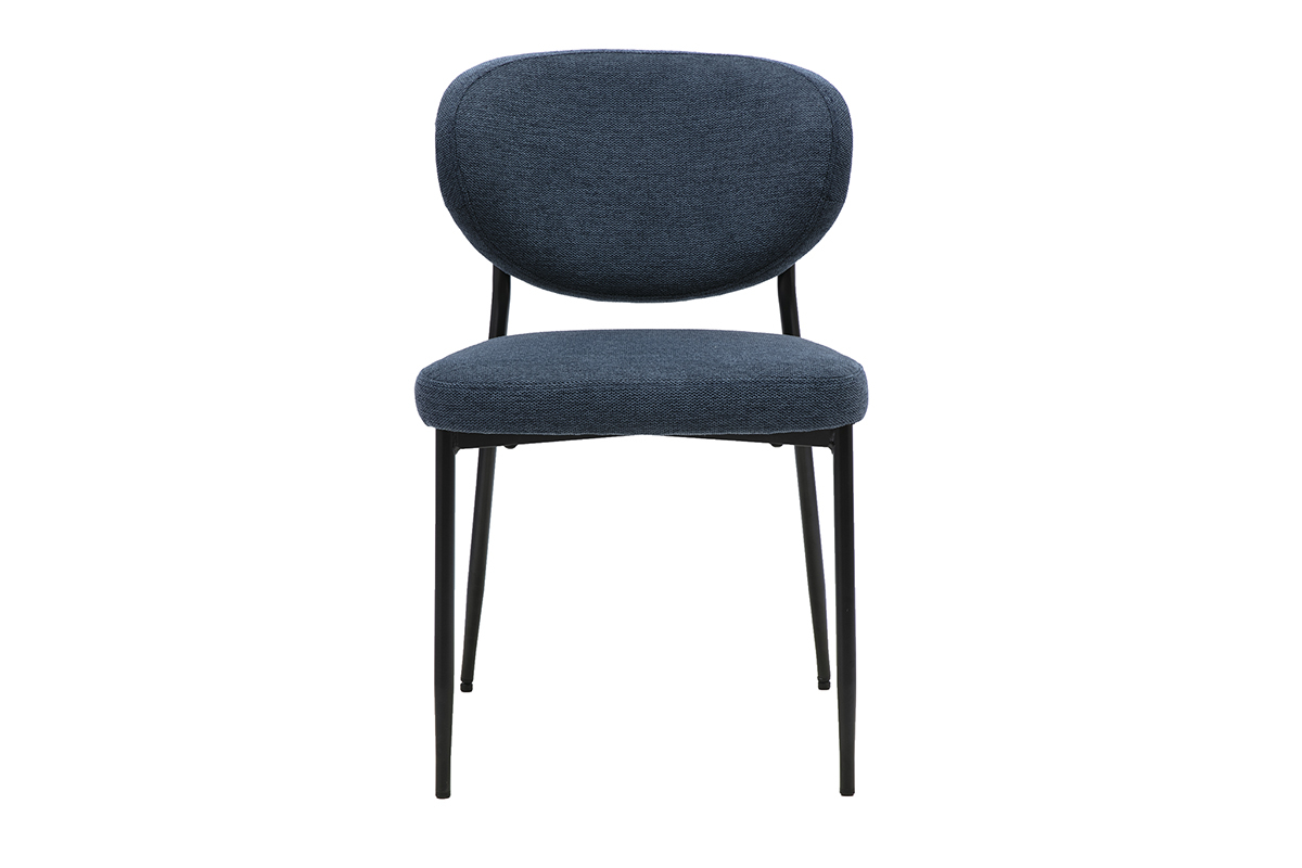 Chaise BREKA en tissu velours bleu fonc� avec pieds en m�tal noir, vue de face.
