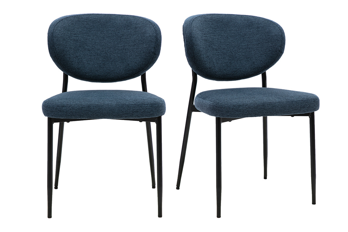 Lot de 2 chaises BREKA en tissu bleu fonc� avec pi�tement en m�tal noir, vue de face