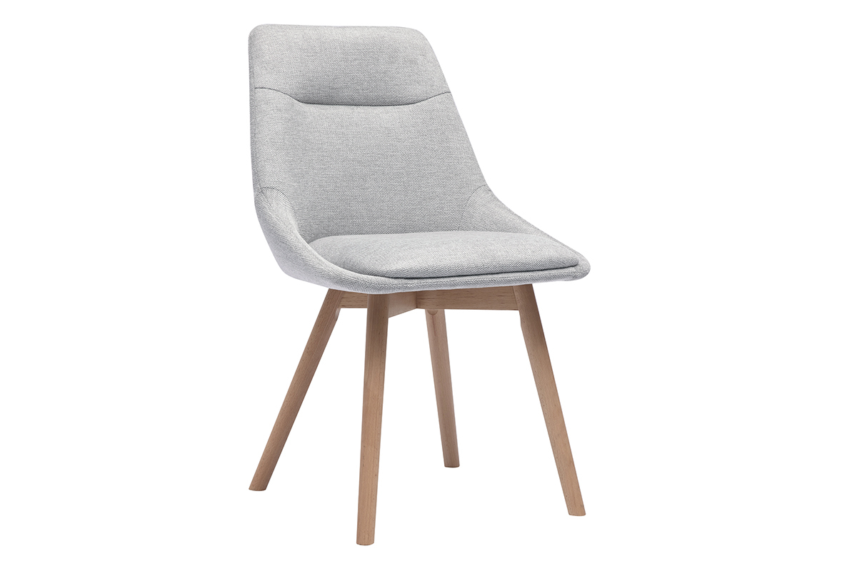 Chaise grise en tissu effet velours avec pieds en bois clair, vue de trois quarts.