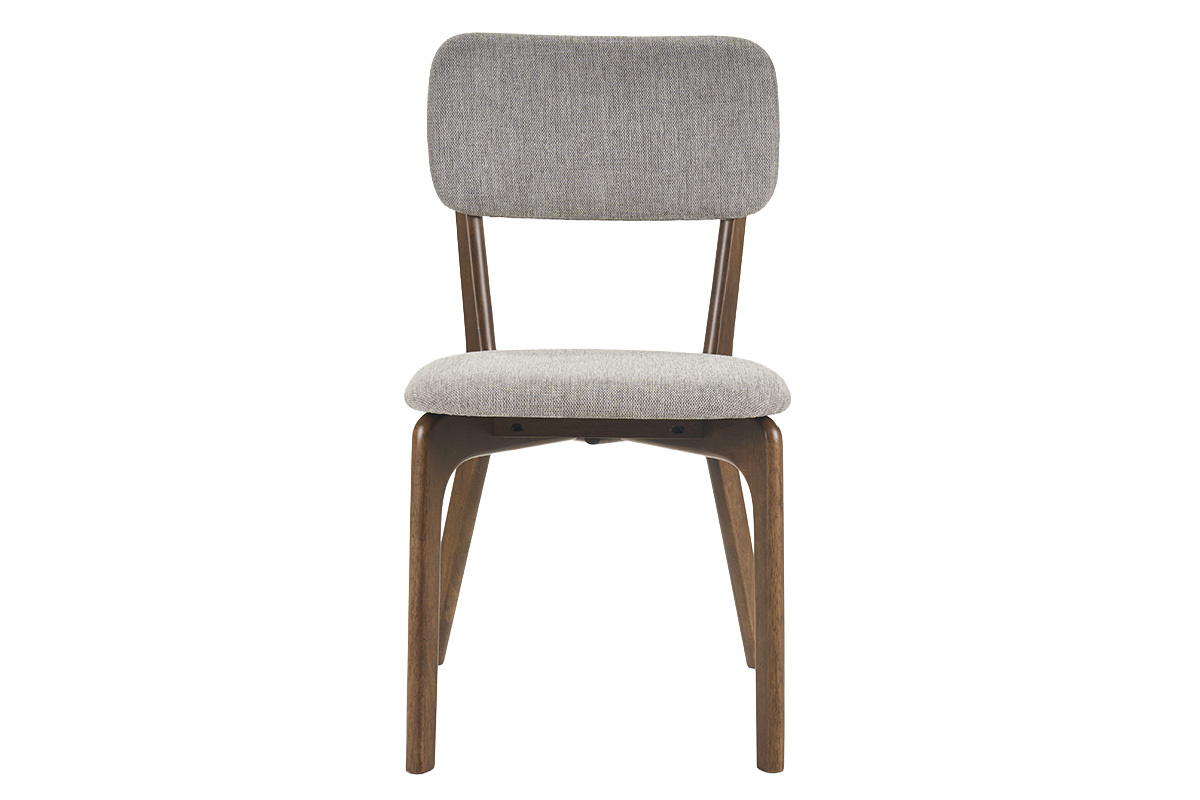 Chaise en tissu gris effet velours, structure en bois fonc�, vue de face.