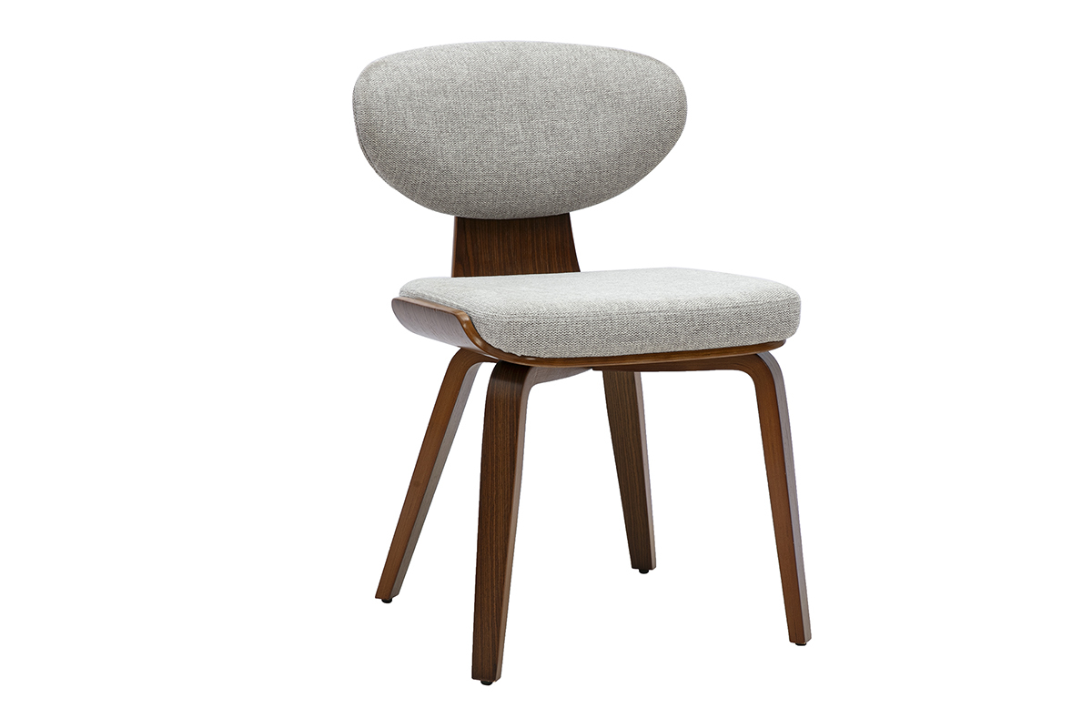 Chaise en tissu velours gris et bois fonc�, vue de 3/4, design r�tro, assise confortable.