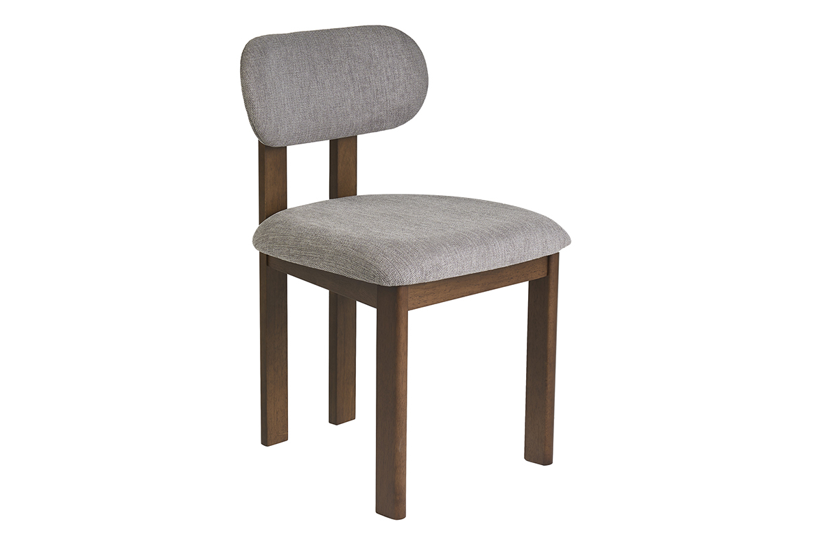 Chaise en tissu gris avec dossier arrondi et structure en bois fonc� noyer, vue de 3/4.