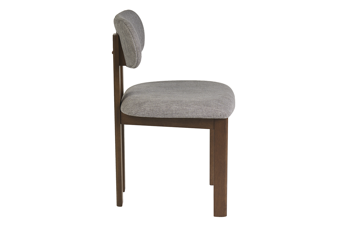 Chaise NORMI en tissu effet velours textur� gris, vue de profil avec dossier arrondi et structure en bois fonc� noyer.
