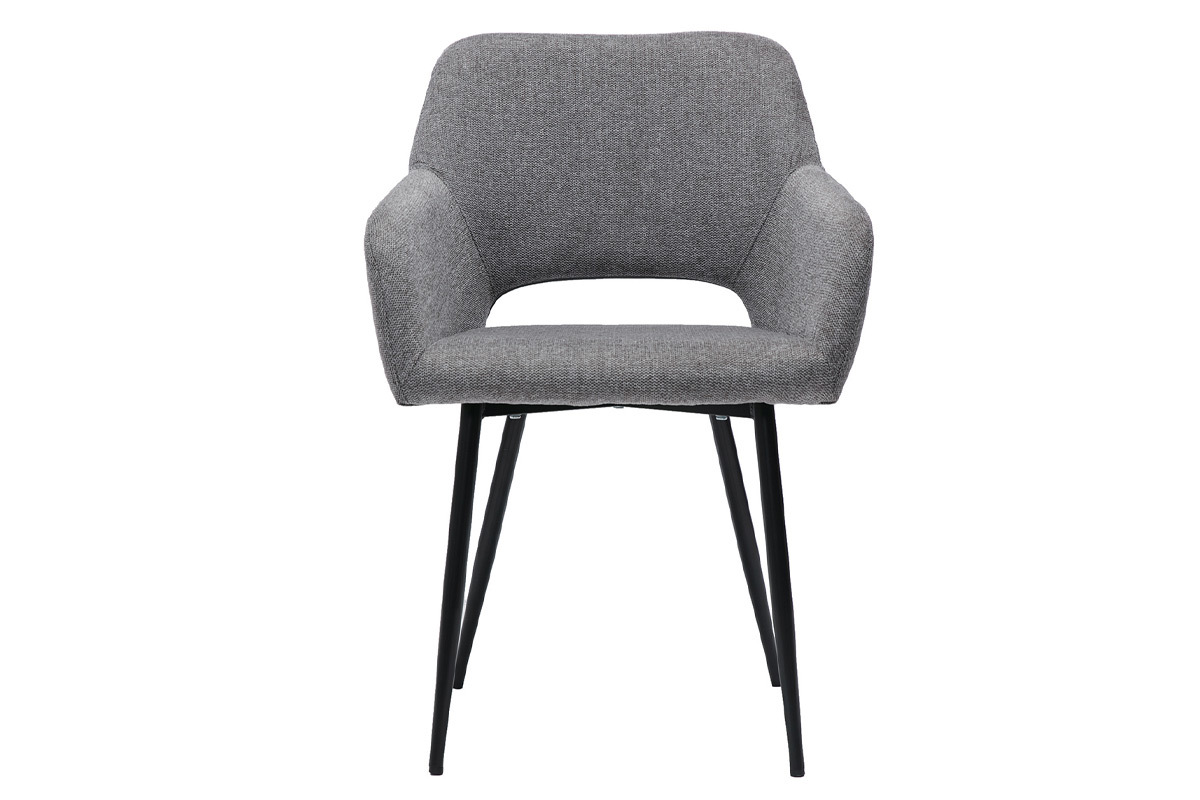 Chaise en tissu velours gris et pieds en m�tal noir, vue de face.