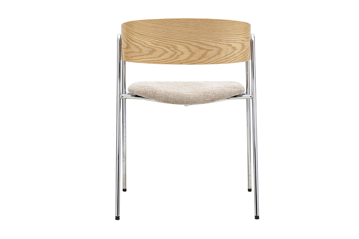 Chaise en tissu taupe avec dossier en bois clair et pieds en m�tal chrom�, vue de dos