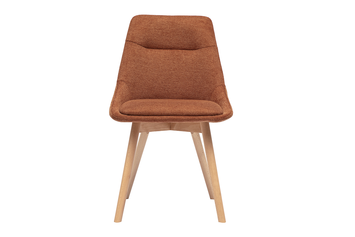 Chaise effet velours terre br�l�e avec pieds en bois clair, vue de face.