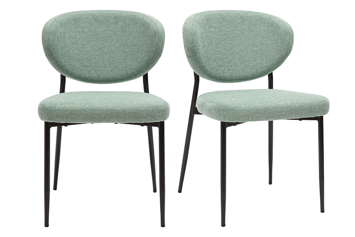 Deux chaises en tissu velours vert c�ladon avec pieds en m�tal noir, vue de face.