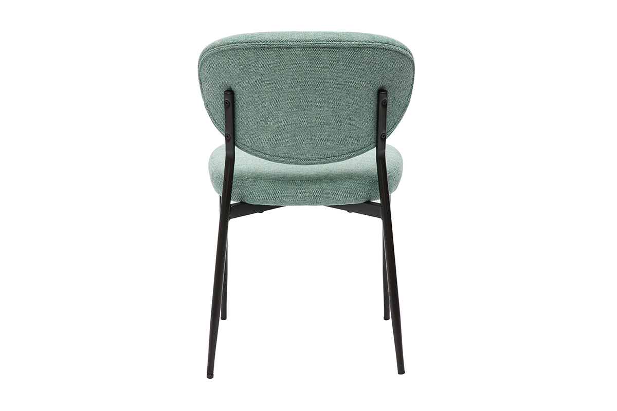 Chaise verte c�ladon en tissu effet velours, vue de dos, avec pieds en m�tal noir.