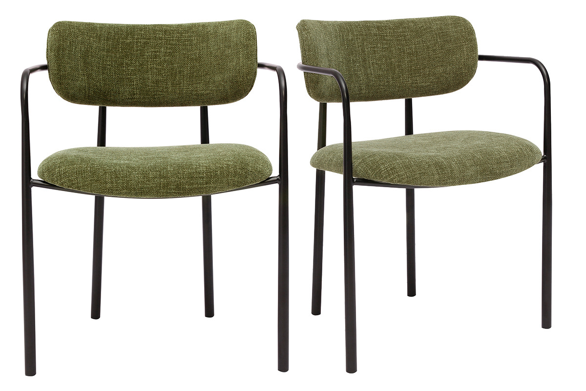 Deux chaises en tissu vert kaki avec cadre en m�tal noir, vue de face.