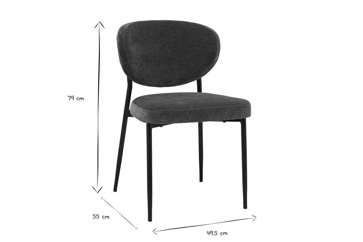 Chaises BREKA en tissu effet velours avec dimensions L49,5 x P55 x H79 cm en noir et blanc.