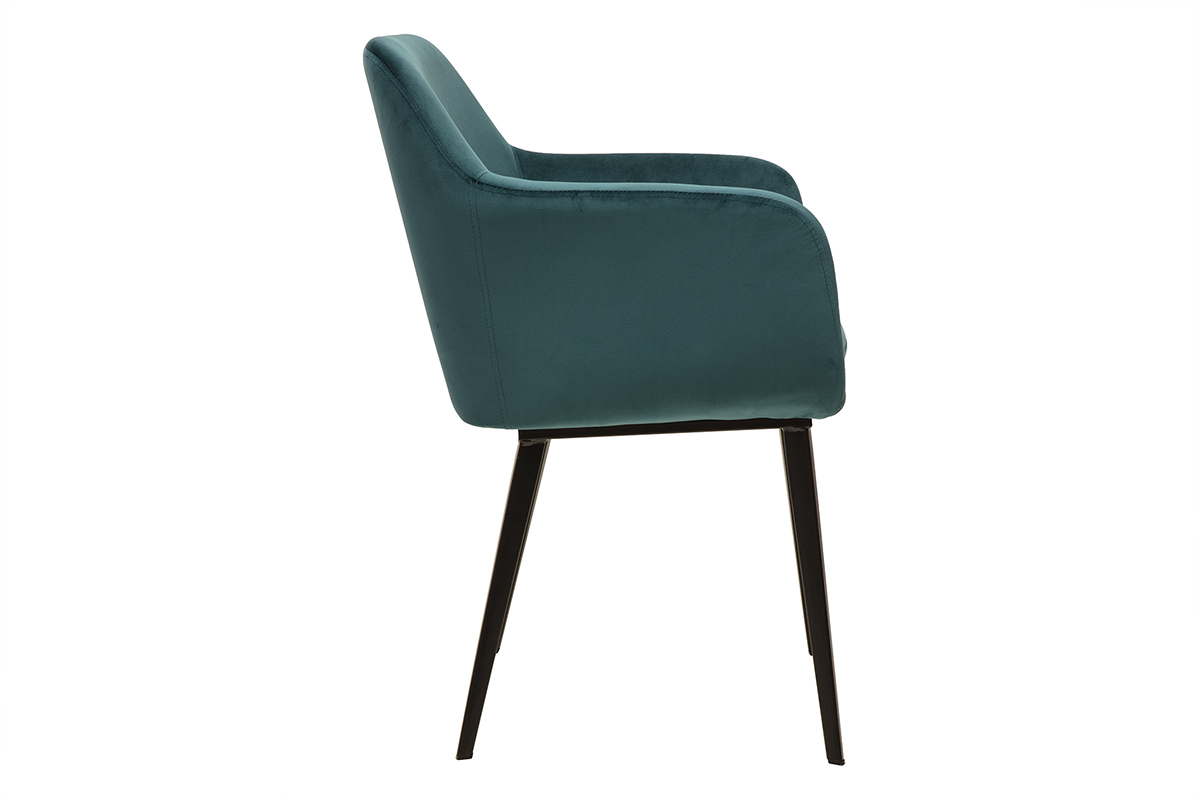 Chaise de profil, en tissu velours bleu p�trole avec pi�tement en m�tal noir AMIKA.