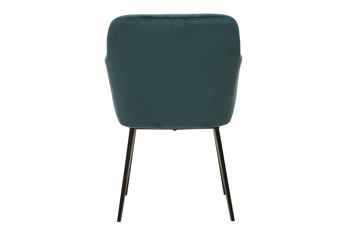 Dos d'une chaise en velours bleu p�trole avec pieds en m�tal noir AMIKA.