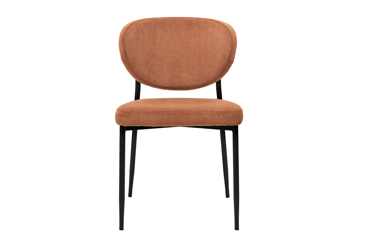 Chaise en velours c�tel� terre br�l�e avec pieds en m�tal noir, vue de face.