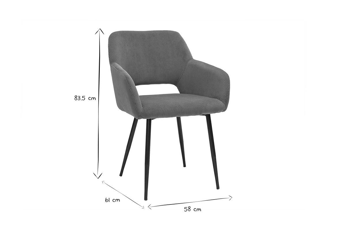 Chaise en tissu velours c�tel� avec dimensions 83,5 cm x 61 cm x 58 cm, en noir et blanc.