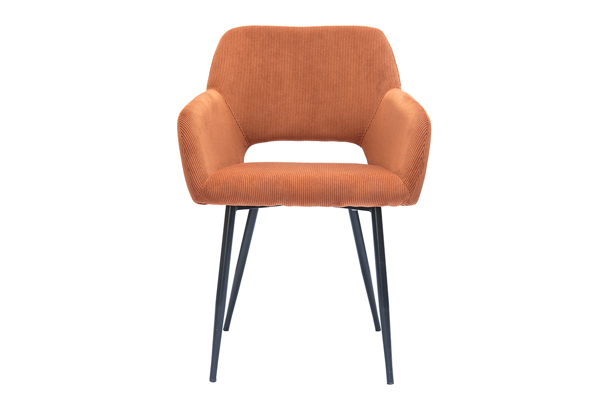 Chaise en velours c�tel� terre br�l�e avec pi�tement en m�tal noir, vue de face.