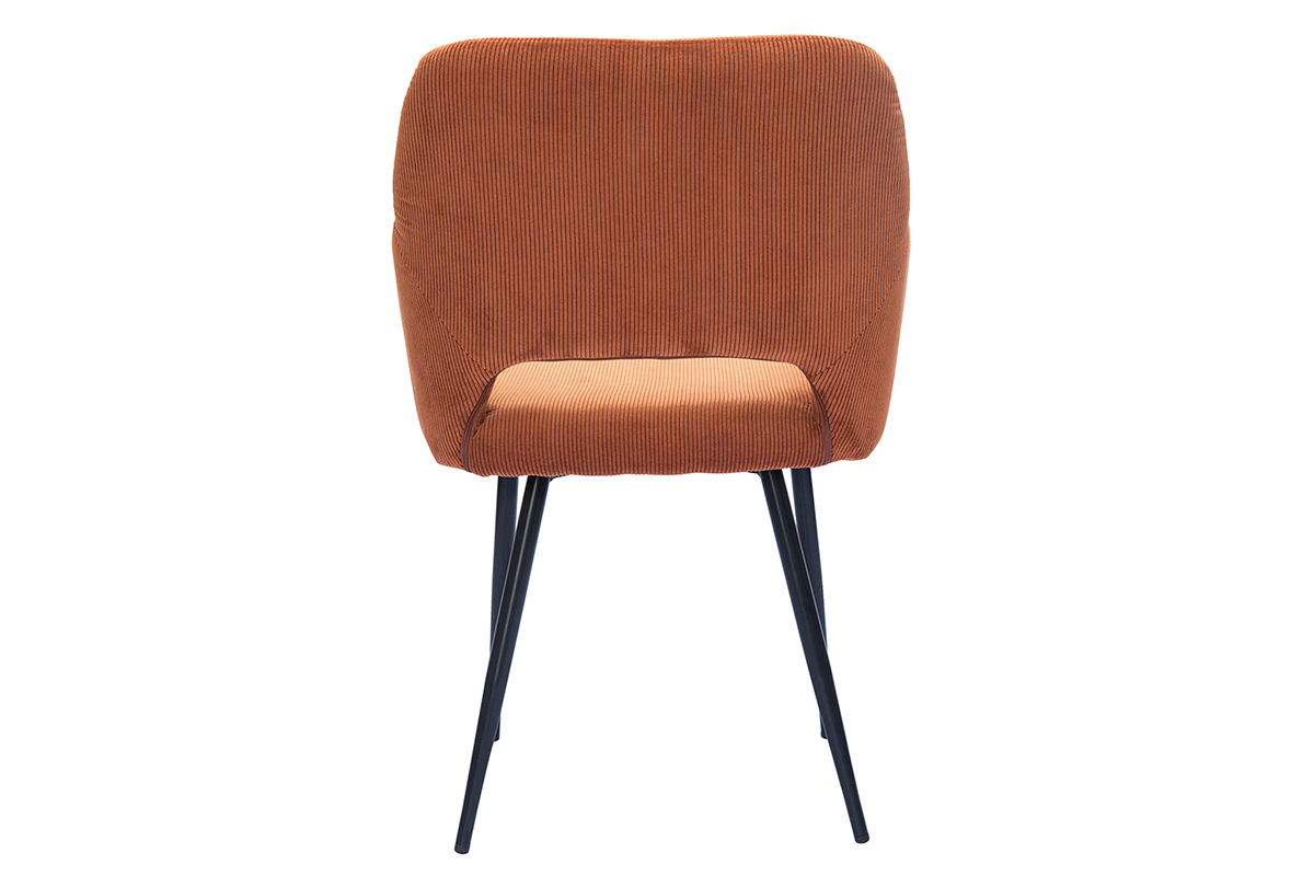 Chaise en velours c�tel� terre br�l�e avec pieds en m�tal noir, vue de dos.